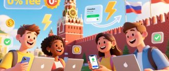 Иностранные студенты в России, переводят деньги без комиссии и задержек: молодые люди разных национальностей с ноутбуками и смартфонами, улыбаются, используют цифровые платёжные сервисы, на заднем плане — символы России (Москва, Спасская башня) и значки мгновенных переводов, прозрачные стрелки, иконки нулевой комиссии. Стиль — современная иллюстрация, яркие, дружелюбные цвета.