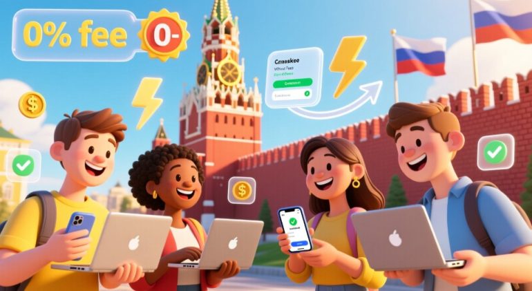 Иностранные студенты в России, переводят деньги без комиссии и задержек: молодые люди разных национальностей с ноутбуками и смартфонами, улыбаются, используют цифровые платёжные сервисы, на заднем плане — символы России (Москва, Спасская башня) и значки мгновенных переводов, прозрачные стрелки, иконки нулевой комиссии. Стиль — современная иллюстрация, яркие, дружелюбные цвета.